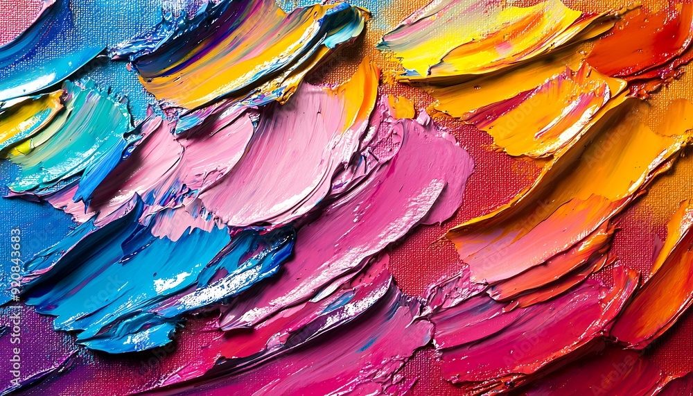 Poster background of layered brushstrokes with vibrant acrylic paint on textured canvas