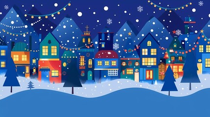 Vector illustration of a Christmas town, in a flat style with simple shapes and lines, featuring a blue color scheme.