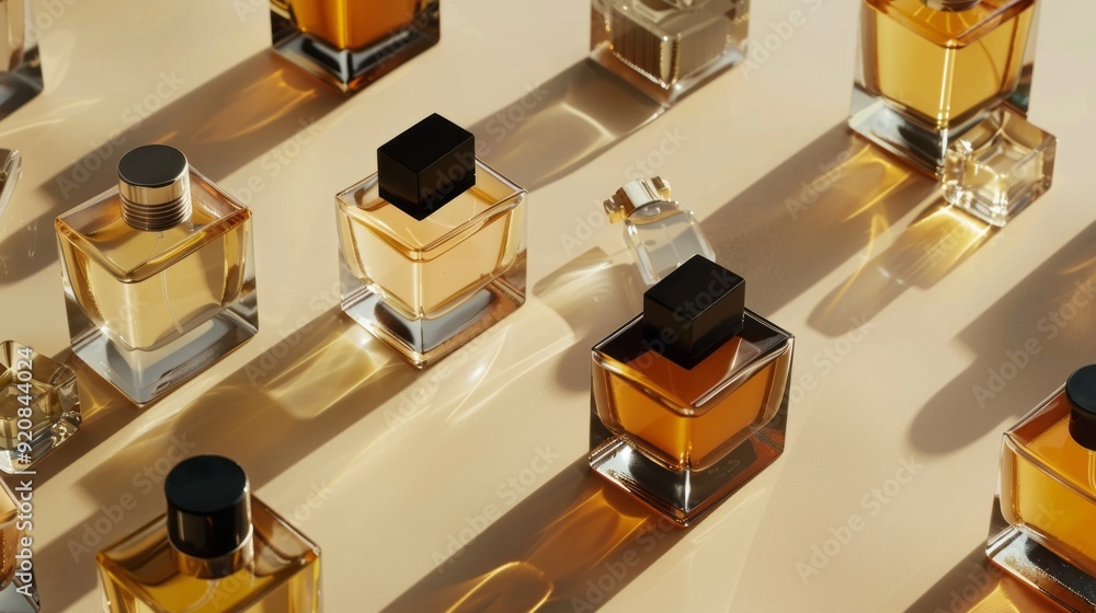 Poster a row of perfume bottles are lined up on a table