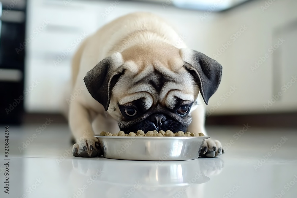 Wall mural domestic dog eating dry food from a bowl on interior home background	
