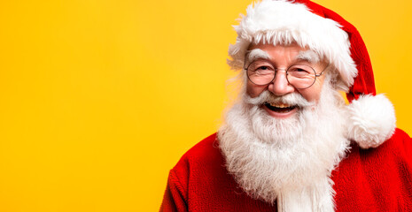 Cheerful Santa Claus in a red suit and glasses on a yellow background, copy space. Christmas and New Year concept. Advertising banner.