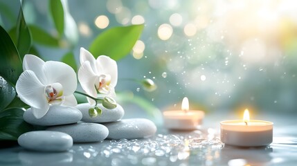 Zen spa composition, white marble countertop, bright natural lighting, stacked smooth pebbles, white orchid flower, lit tea candles, water droplets, green leaves background.