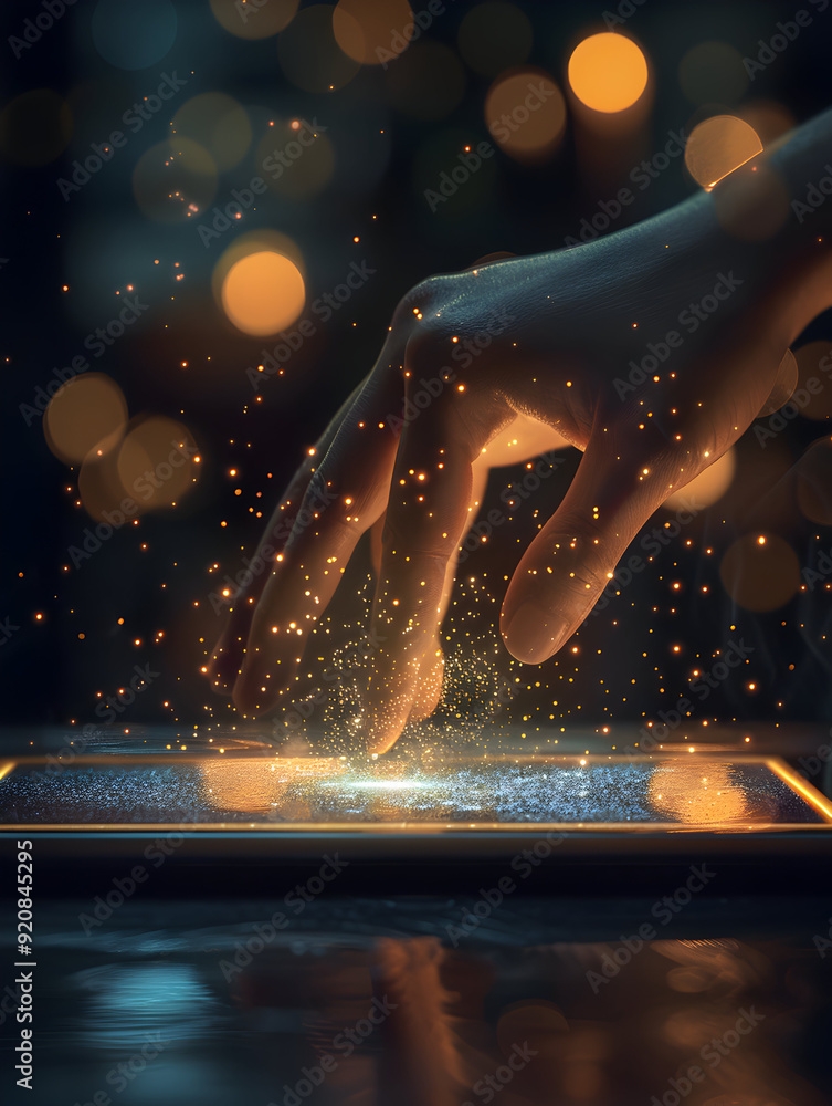Poster hand entering code on tablet digital security concept with space for text