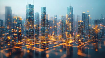 Fototapeta premium Futuristic city skyline illuminated by bright lights, showcasing modern architecture and vibrant urban life in a digital atmosphere.