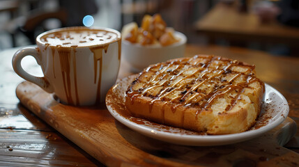 hot tea ,Grilled Butter Bread Topped with sweetened condensed milk / Cappuccino