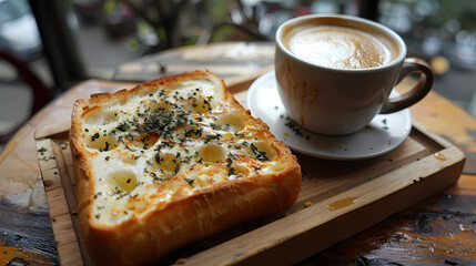 hot tea ,Grilled Butter Bread Topped with sweetened condensed milk / Cappuccino