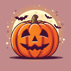 Halloween pumpkin in front of moon light and bats situated on dull pink background vector image