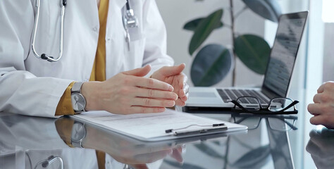 Fototapeta premium Doctor and patient consultation with clipboard and medication notes. Close-up view of unknown female doctor using a tablet during a patient consultation