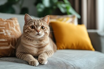 funny purebred cat on the couch in the home interior