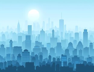 A flat vector illustration of city skyline background with simple minimal shapes, sky blue color palette