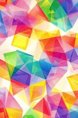 An abstract geometric pattern with each shape filled with a different color of the rainbow on a white background. 