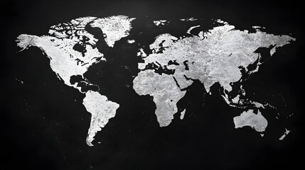 Detailed Black and White Global World Map with Distinct Continents