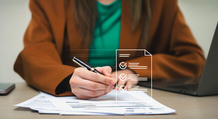 businesswoman checklist document, management, file, corporate, information, laptop, folder,...