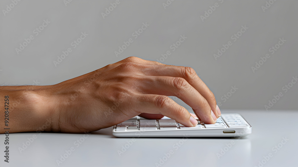 Poster hand typing code on mobile keyboard: authenticating security concept for photo stock