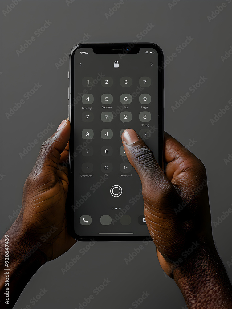 Poster photo realistic hand entering security code on phone smartphone concept with space for text on plain