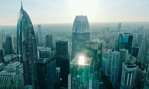 Dynamic aerial view of a bustling modern city, vibrant traffic and iconic skyscrapers illuminated against daylight sky