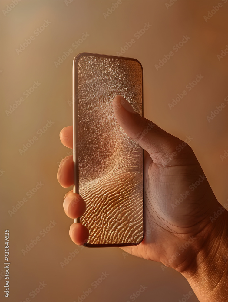 Poster secure biometric scanner technology: hand on mobile device in photo realistic style, ideal for graph