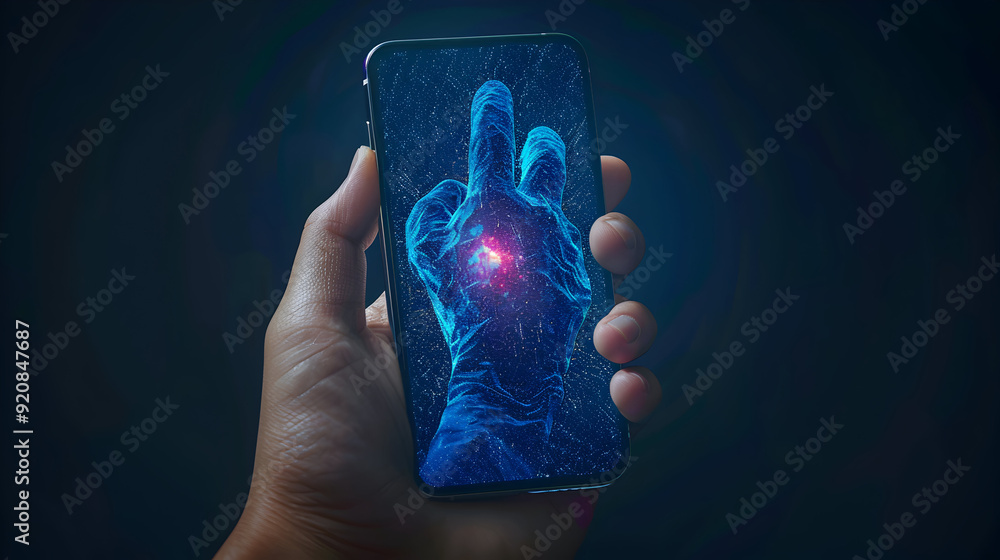 Poster photo realistic concept: hand with biometric scanner on mobile device clean background for text or g