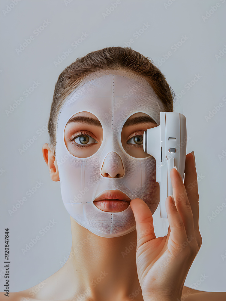 Poster photo realistic hand with facial recognition device concept on plain background stock photo for desi
