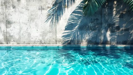 Dancing palm tree shadows on pool water under a sunny sky