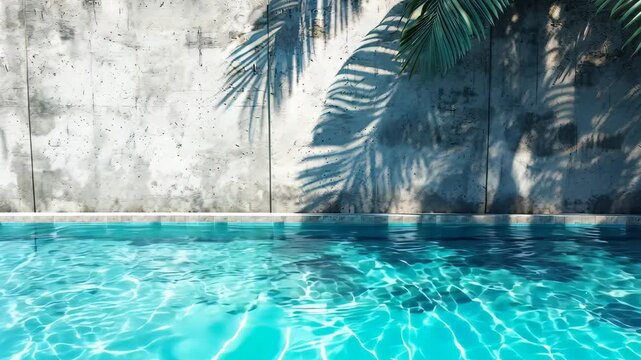 Dancing palm tree shadows on pool water under a sunny sky