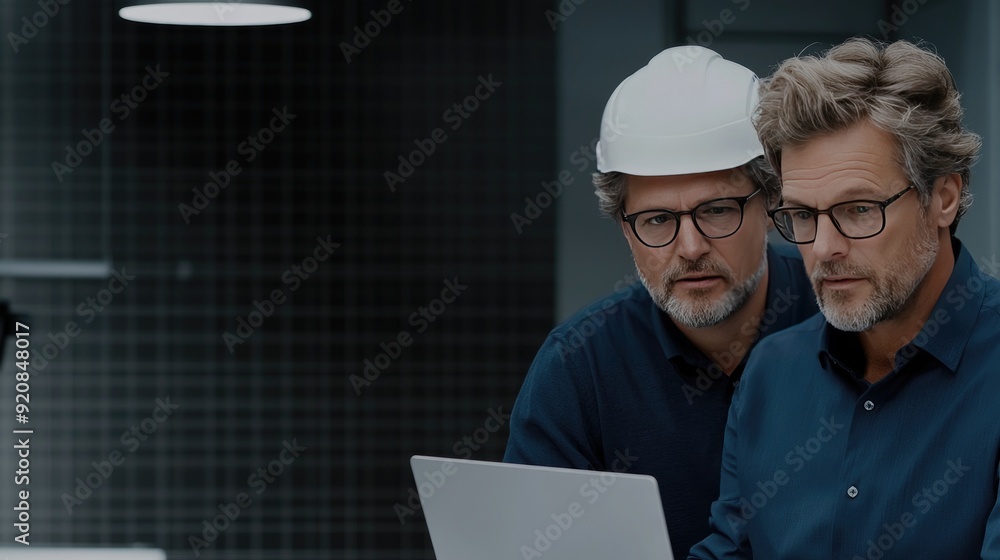 Aufkleber two middle-aged engineers discuss project details while using a laptop in a factory environment