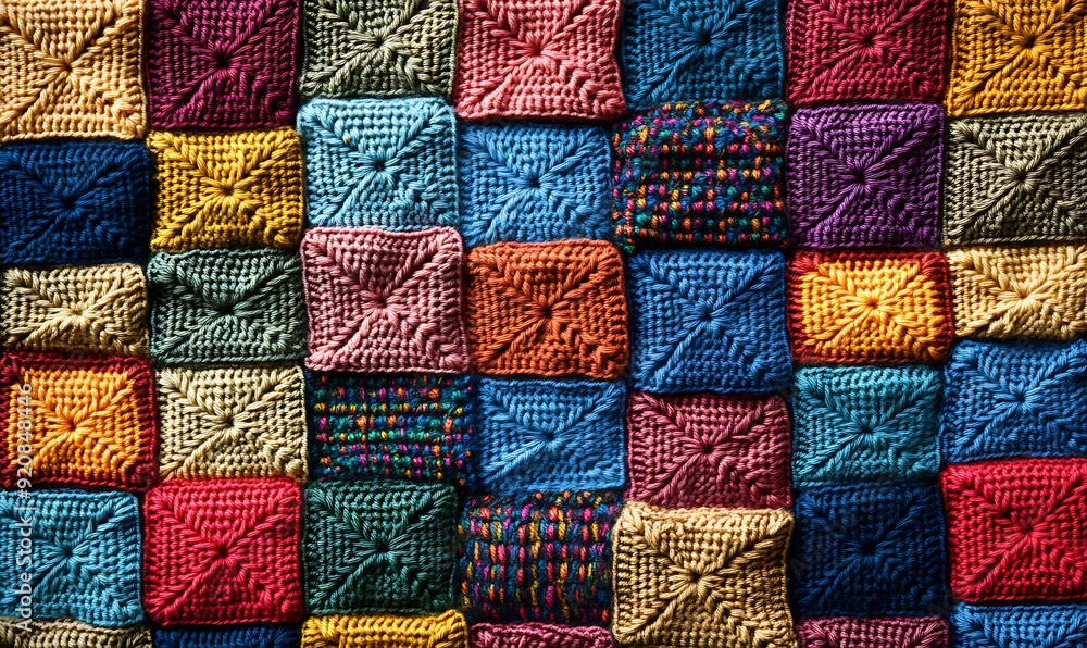 Aufkleber background of crochet squares with multicolored yarns in a patchwork arrangement