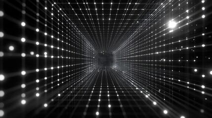 Fototapeta premium Black wireframe matrix cube for digital concept for future innovation. Abstract futuristic structure with points. Rectangle perspective background. Virtual illustration.