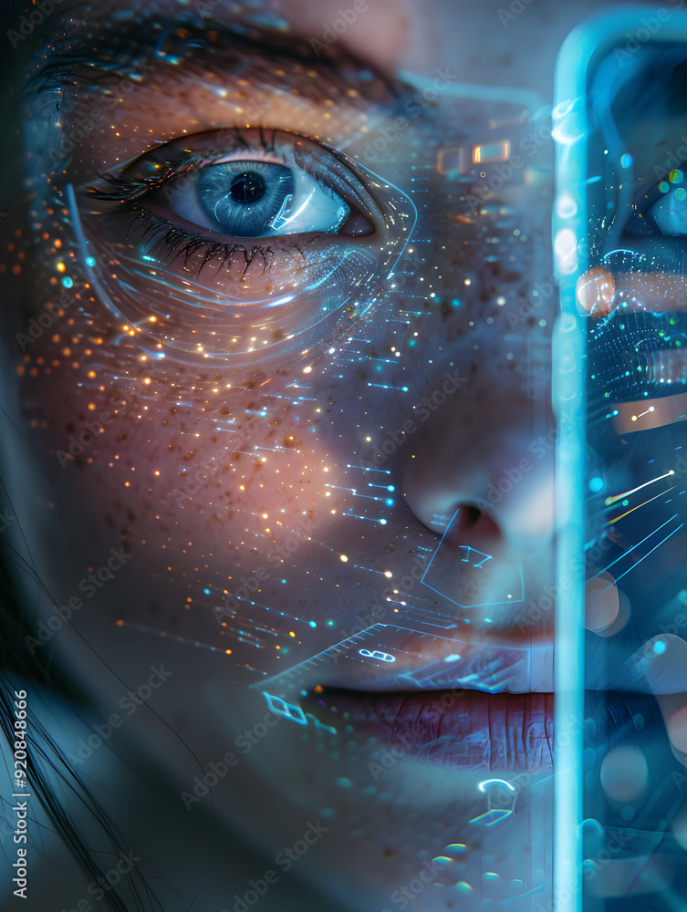 Poster photo realistic human face scanning for access on mobile device with blank space for text or design 
