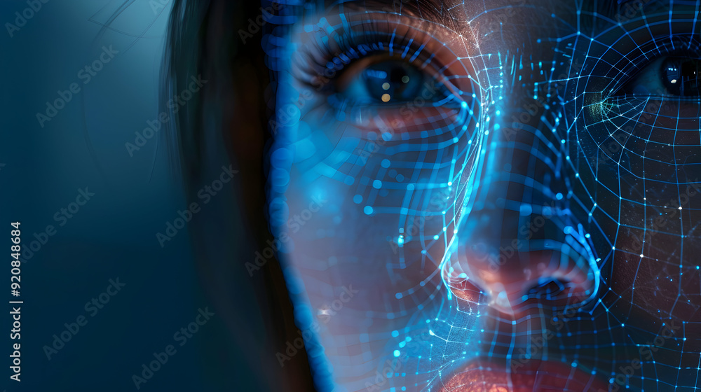 Poster photo realistic human face scanning for access concept on mobile device with blank space for design 