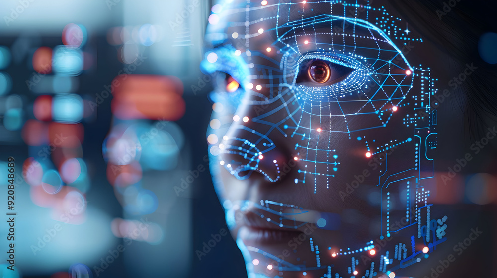Poster photo realistic human face scanning for access on mobile device with blank space for text or design 