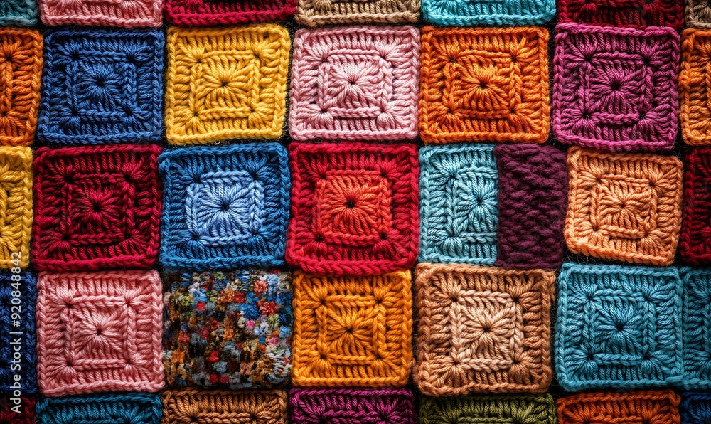 Poster background of crochet squares with multicolored yarns in a patchwork arrangement