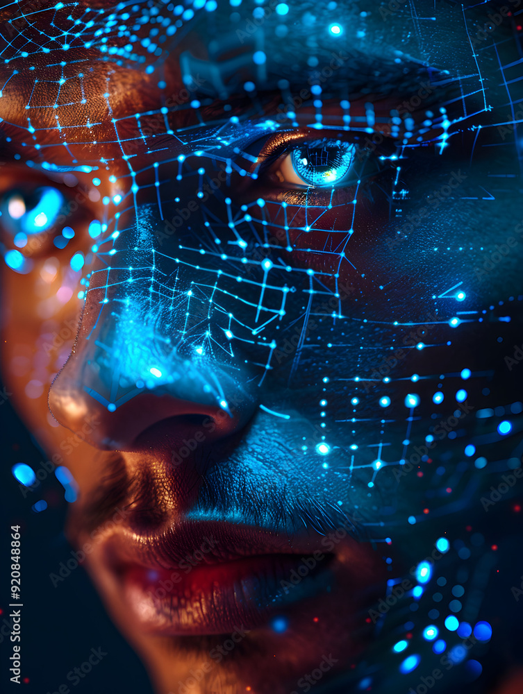 Poster photo realistic human face scanning concept for secure access on tablet with blank space for text st
