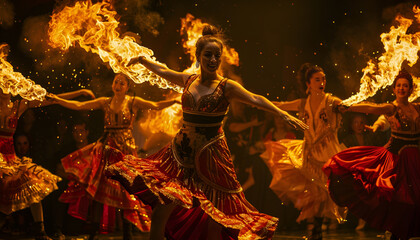 Fototapeta premium group of flamenco dancers dancing in fire engergetic, dynamic colourful extravaganza