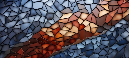 Mosaic with cool colors. Detailed shot of a colorful mosaic with cool tones like blue and teal. For design, decoration, or art pieces. Illustration, horizontal format. texture, wallpaper, background
