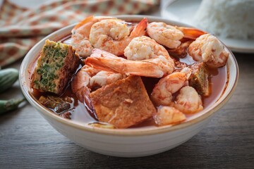 Shrimp Sour Soup with vegetable omelet , thai food, top view food table