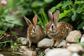 Fototapeta premium Serene Garden Harmony: Rabbits Roaming in Peaceful Coexistence with Nature