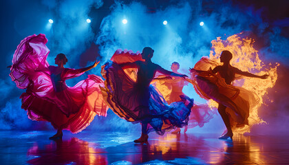 group of flamenco dancers dancing in fire engergetic, dynamic colourful extravaganza