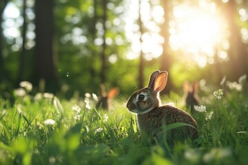 Obraz premium Harmony in the Forest: Rabbits in Natural Habitat Inspiring Environmental Consciousness