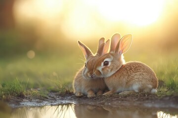 Obraz premium Harmony in Nature: Tranquil Rabbits Amidst Wilderness - Conservation Concept