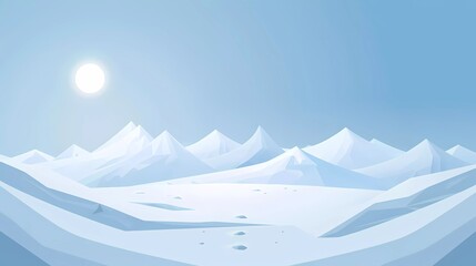 simple flat illustration of a snowy landscape with mountains in simple shapes and a flat vector style using a light blue color palette on a simple background