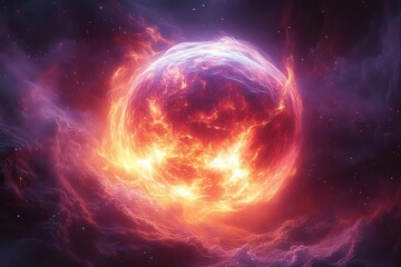 luminous plasma orb pulsates with electric energy tendrils of vibrant particles streaming outward mesmerizing interplay of light and motion against a dark cosmic backdrop