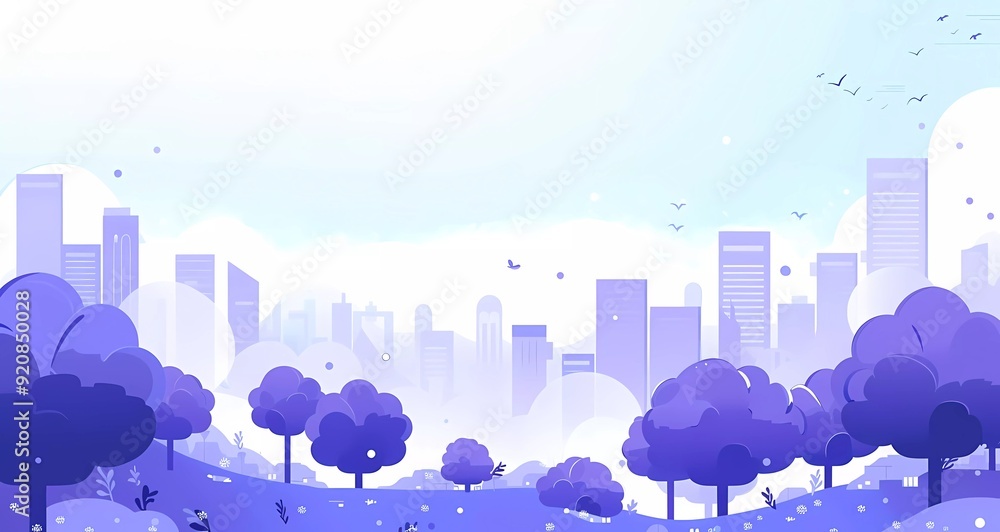 Wall mural Cute cartoon vector style landscape view of a city with buildings, sky and trees. A simple flat illustration