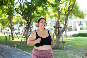 Bride Running outdoor woman. beautiful young chubby overweight woman in sportswear doing exercise outdoors at park. fitness sport club, body and health care. Activity