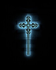 Neon shine christian cross on brick wall. Religion concept illustration. 3D render