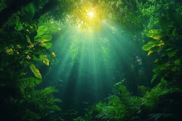 Obraz premium lush rainforest canopy viewed from below towering trees vibrant foliage streaming sunlight diverse ecosystem misty atmosphere