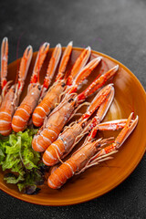 langoustine seafood shrimp prawns fresh food snack on the table copy space food background rustic