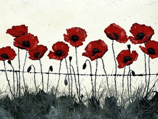 Remembrance Day Red Poppies Linocut Illustration - Peaceful Symbolism, Thick Line, Sharp Black Outlines, White Background, Low-Angle View, Red Blooms Near Fence, Tranquil Memorial Image