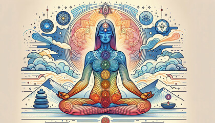 Buddha, Zeichnung mit Symbolen und Elementen