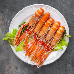 langoustine seafood shrimp prawns fresh food snack on the table copy space food background rustic